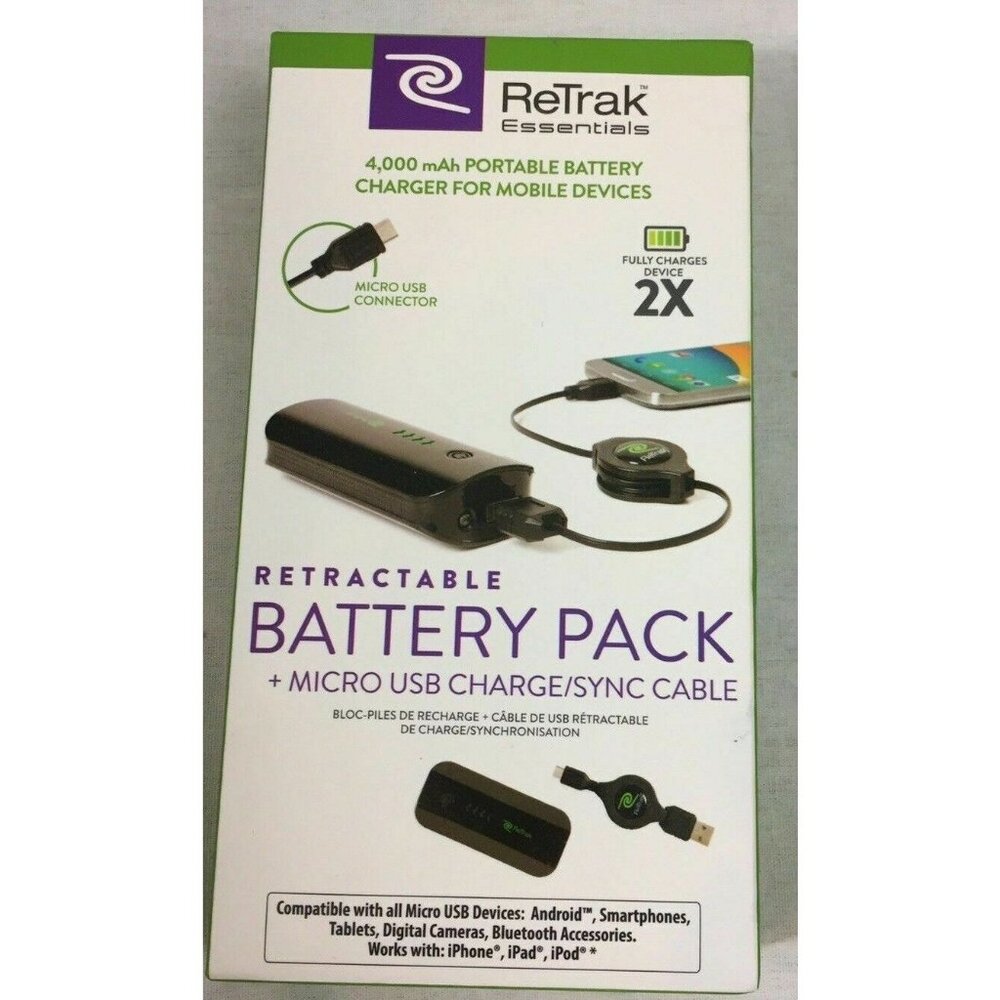 ReTrak Battery Pack w/Retractable Micro USB Cable 4000 mAh